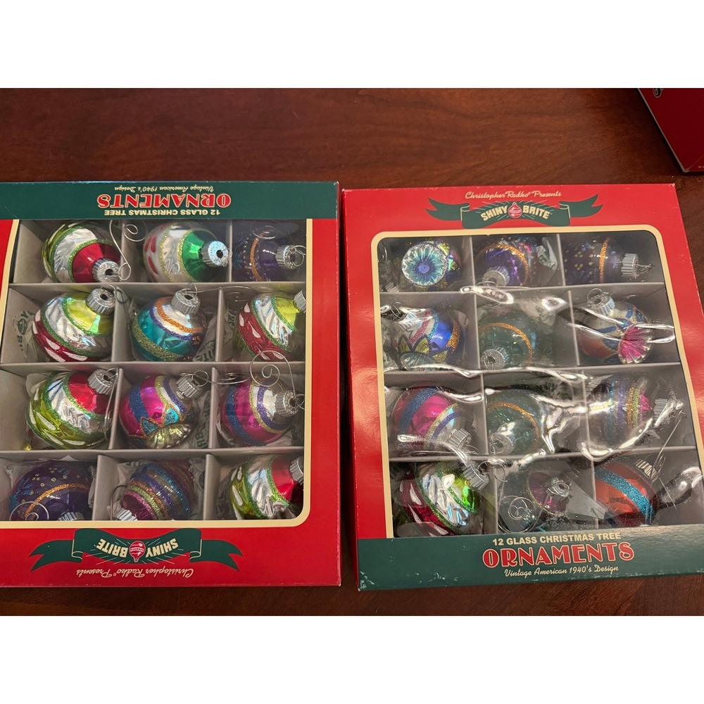 2 Christopher Radko Shiny Brite Glass Christmas Ornaments 1940 design miniature